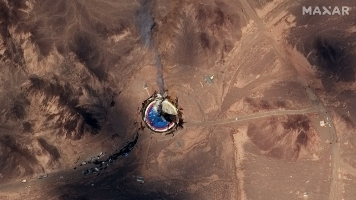 This satellite image from Planet Labs Inc., that has been annotated by experts at the James Martin Center for Nonproliferation Studies at Middlebury Institute of International Studies, shows a fire at a rocket launch pad at the Khomeini Space Center in Iran's Semnan province, Thursday Aug. 29, 2019. (Planet Labs Inc, Middlebury Institute of International Studies via AP)