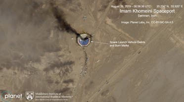 This satellite image from Planet Labs Inc., that has been annotated by experts at the James Martin Center for Nonproliferation Studies at Middlebury Institute of International Studies, shows a fire at a rocket launch pad at the Khomeini Space Center in Iran's Semnan province, Thursday Aug. 29, 2019. (Planet Labs Inc, Middlebury Institute of International Studies via AP)