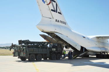 A part of a Russian S-400 defense system after being unloaded from a Russian plane at Murted Airport near Ankara, Turkey. (Turkish Military/Turkish Defence Ministry/Handout via Reuters)