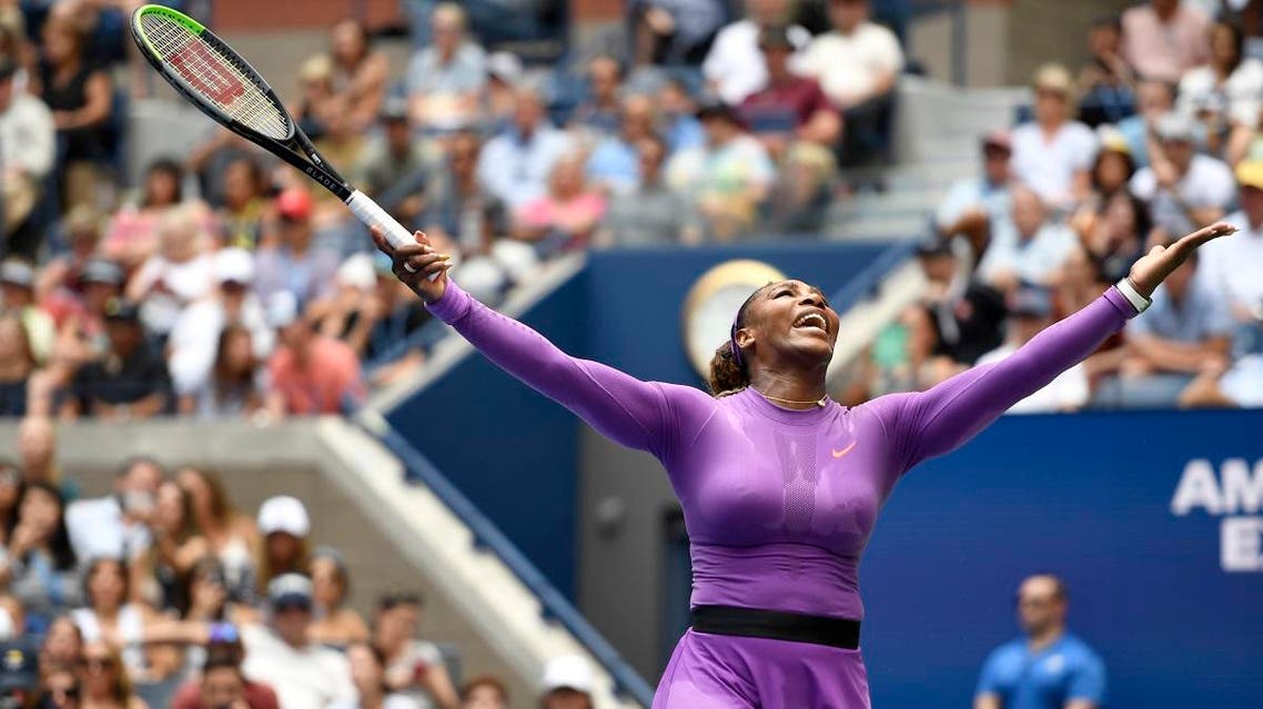 Serena Williams reacts during round three of the US Open tennis championships against Karolina Muchova. (AFP)
