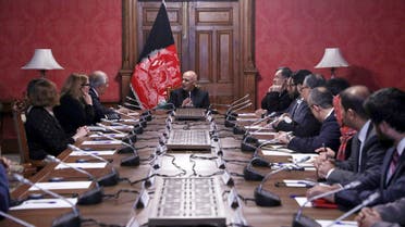 In this Monday, Jan. 28, 2019, file photo released by the Afghan Presidential Palace, Afghan President Ashraf Ghani, center, speaks to U.S. peace envoy Zalmay Khalilzad, third left, at the presidential palace in Kabul. Khalilzad is in a hurry to find a peace deal for Afghanistan that would allow America to bring home its troops after 17 years of war.  (AP)