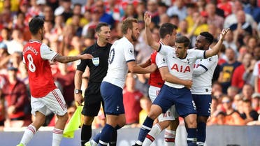 Players clash during the English Premier League football match between Arsenal and Tottenham Hotspur at the Emirates Stadium in London on September 1, 2019. (AFP)