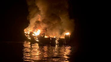In this photo released by the Santa Barbara County Fire Department on September 2, 2019, A boat burns off the coast of Santa Cruz Island, California. (AFP)
