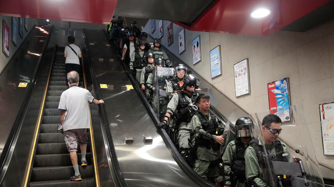 Riot police is deployed at a subway station in Hong Kong, on Monday, Sept. 2, 2019. (AP)