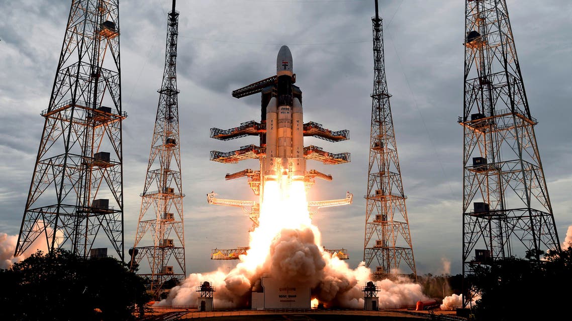 This photo released by the Indian Space Research Organization (ISRO) shows its Geosynchronous Satellite launch Vehicle (GSLV) MkIII carrying Chandrayaan-2 lift off from Satish Dhawan Space center in Sriharikota, India, Monday, July 22, 2019. (AP)