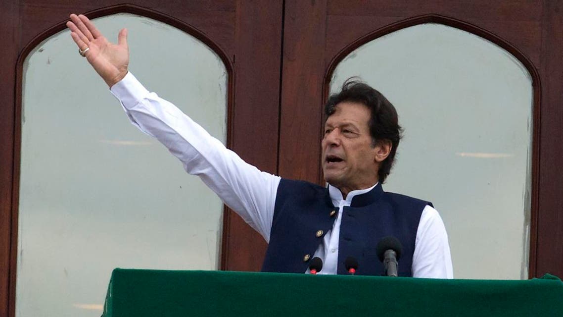 Pakistani Prime Minister Imran Khan addresses a Kashmir rally at the Prime Minister office in Islamabad, Pakistan, on August 30, 2019. (AP)