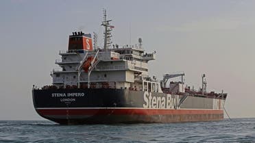A picture taken on July 21, 2019, shows the British-flagged tanker Stena Impero anchored off the Iranian port city of Bandar Abbas. (AFP)