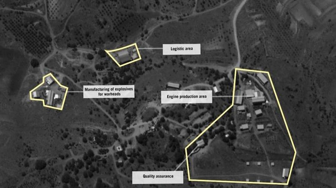 A handout aerial image released by the Israeli Defence Forces on September 3, 2019 shows what the IDF says is a site dedicated to the manufacture of "precision-guided" missiles belonging to Hezbollah in Lebanon's Bekaa Valley, near the town of Nabi Chit. (AFP)