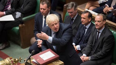A handout photograph released by the UK Parliament shows Britain's Prime Minister Boris Johnson gesturing as he speaks during his first Prime Minister's Questions (PMQs) in the House of Commons in London on September 4, 2019. (AFP)