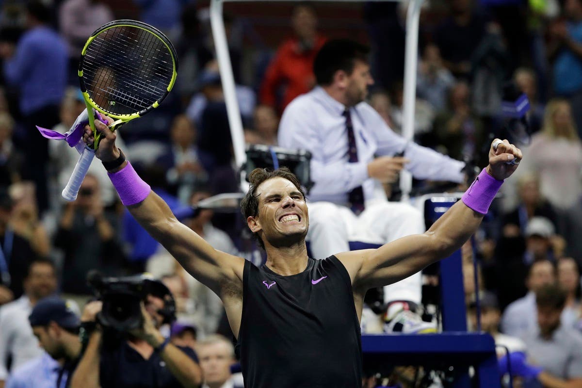 Rafael Nadal celebrates after defeating Matteo Berrettini in the men’s singles semifinals of the US Open tennis championships on September 6, 2019, in New York. (AP)