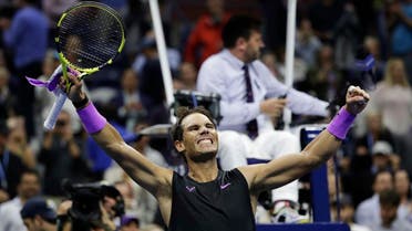 Rafael Nadal celebrates after defeating Matteo Berrettini in the men’s singles semifinals of the US Open tennis championships on September 6, 2019, in New York. (AP)