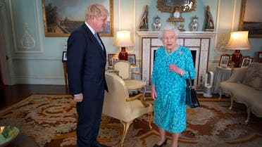 Britain’s Queen Elizabeth II welcomes newly elected leader of the Conservative party, Boris Johnson during an audience in Buckingham Palace, London on July 24, 2019, where she invited him to become Prime Minister and form a new government. (AFP)