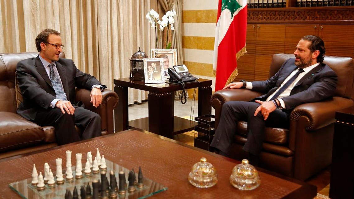 Lebanese Prime Minister Saad Hariri, right, meets with David Schenker, Assistant Secretary of State for Near Eastern Affairs, in Beirut, Lebanon, Monday, Sept. 9, 2019. (AP)