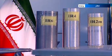 In this June 6, 2018, file frame from Islamic Republic Iran Broadcasting, IRIB, state-run TV, three versions of domestically-built centrifuges are shown in a live TV program from Natanz, an Iranian uranium enrichment plant, in Iran. (IRIB via AP)