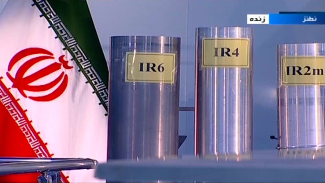 In this June 6, 2018, file frame from Islamic Republic Iran Broadcasting, IRIB, state-run TV, three versions of domestically-built centrifuges are shown in a live TV program from Natanz, an Iranian uranium enrichment plant, in Iran. (IRIB via AP)