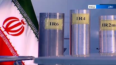 FILE - In this June 6, 2018, file frame from Islamic Republic Iran Broadcasting, IRIB, state-run TV, three versions of domestically-built centrifuges are shown in a live TV program from Natanz, an Iranian uranium enrichment plant, in Iran. A report Friday, May 31, 2019, by U.N. nuclear watchdogs said Iran had begun installing IR-6s like the one shown on the left. That raised questions for the first time about its adherence to a key provision of Iran’s 2015 nuclear deal with world powers that was intended to limit the country’s use of advanced centrifuges. (IRIB via AP, File)