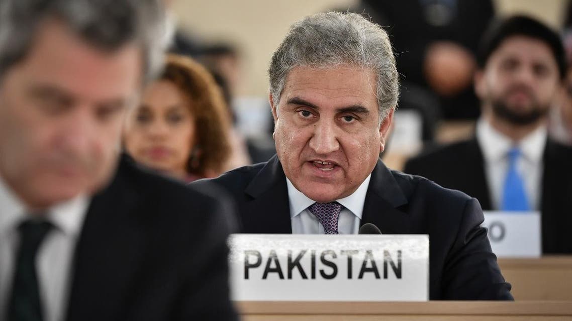 Pakistani Foreign Minister Shah Mehmood Qureshi addresses the United Nations Human Rights Council on September 10, 2019 in Geneva. (AFP)