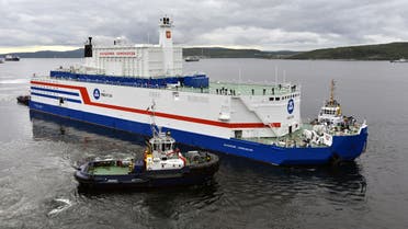 (FILES) This file handout picture taken and released on August 23, 2019, by the Russian nuclear agency ROSATOM shows the floating power unit (FPU) Akademik Lomonosov being towed from the Arctic port of Murmansk, northwestern Russia. The world's first floating nuclear power plant, developed by Russia, is arrived on September 14, 2019 at its permanent parking port in Pevek, Russia's Far East, after travelling 5,000 kilometres in the Arctic.