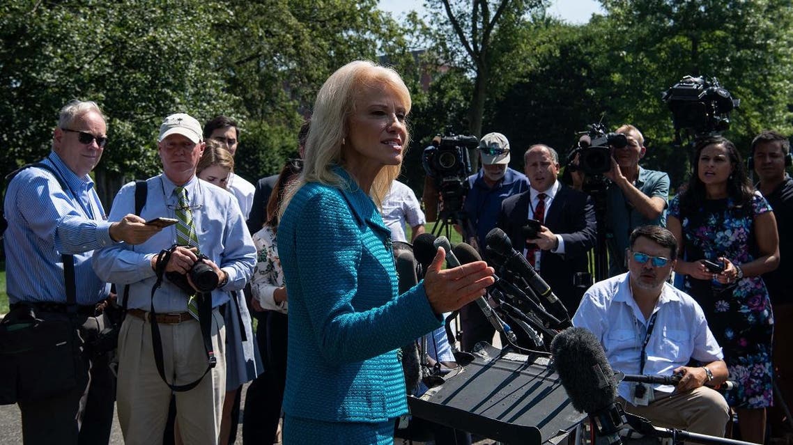 White House counselor Kellyanne Conway speaks to the press at the White House in Washington, DC, on July 16, 2019. (AFP)