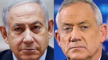 a combo created on on April 02, 2019 (COMBO) shows Israeli Prime Minister Benjamin Netanyahu (L) attending the weekly cabinet meeting at the Prime Minister's office in Jerusalem on December 9, 2018 and retired Israeli general Benny Gantz. (AFP)