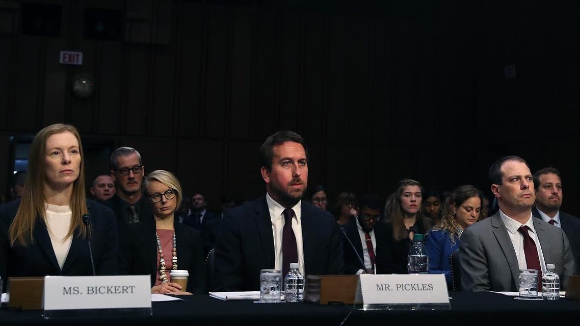 Monika Bickert, head of global policy management at Facebook, Nick Pickles, public policy director for Twitter, and Derek Slater, global director of information policy at Google, appear before the Senate Commerce, Science and Transportation Committee, on September 18, 2019 in Washington, DC. (AFP)