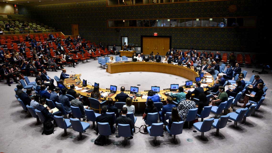 US Secretary of State Mike Pompeo (4thR) speaks during a United Nations Security Council meeting on August 20, 2019 at the United Nations in New York.