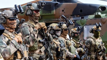 French commandos stand in line during the French Prime Minister's visit at Operation Barkane at the French base in Gao, Mali on February 24, 2019.
