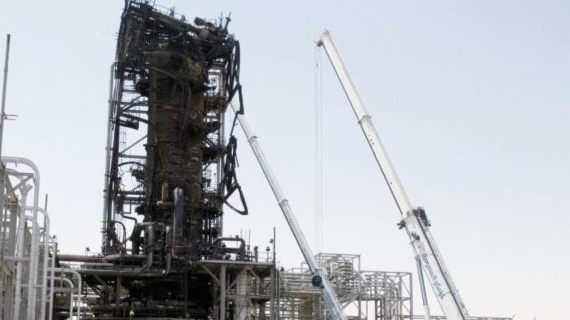 Charred tower during journalists visit Aramco site at Abqaia Khurais Saudi Arabia (SPA)