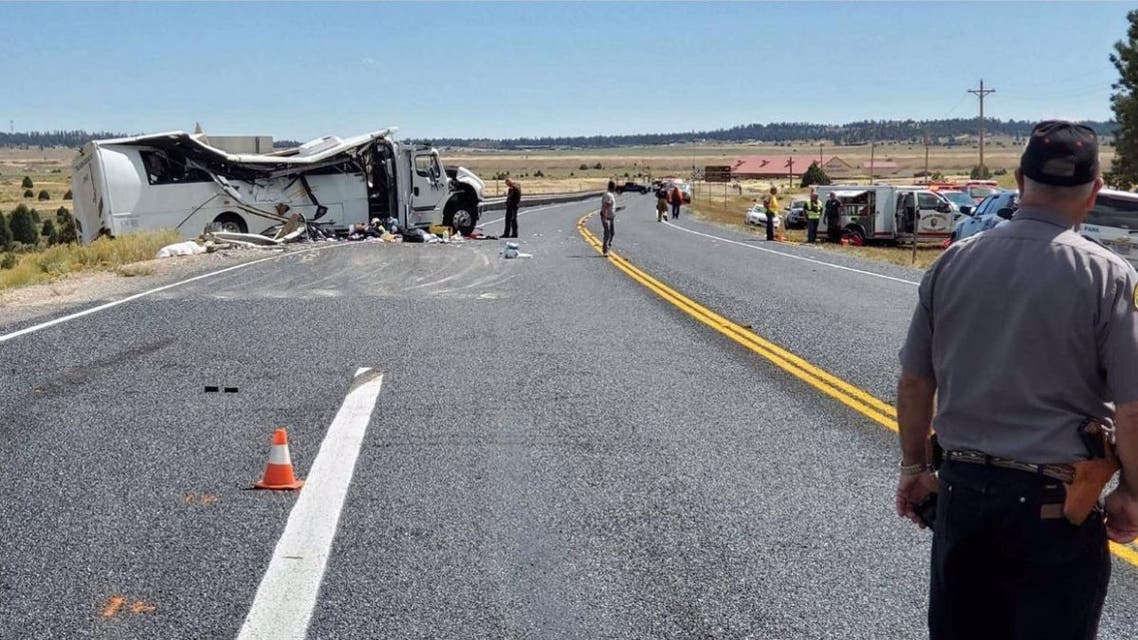 This image released on the Utah Highway Patrol tweeter feed shows a bus transporting Chinese tourists after it crashed on September 20, 2019. (AFP)