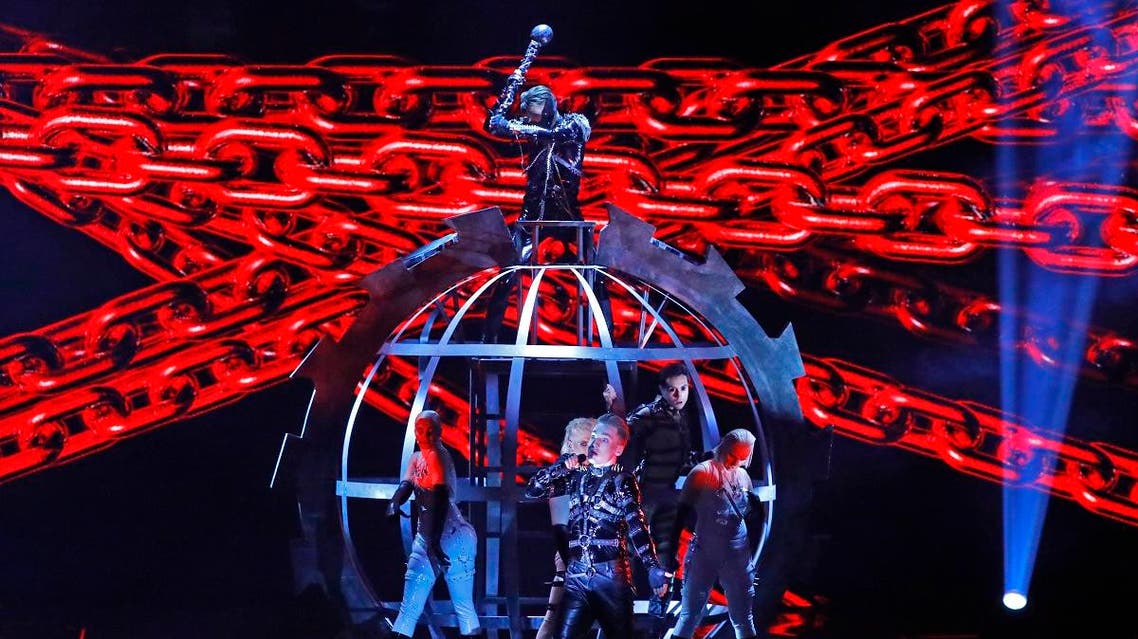 Iceland's Hatari perform during the final rehearsals on the eve of the final of the 64th edition of the Eurovision Song Contest 2019 at Expo Tel Aviv on May 17, 2019, in the Israeli coastal city. (AFP)