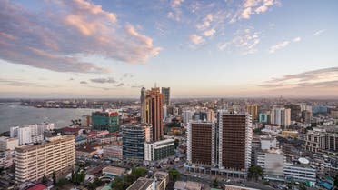 Dar es Salaam Business District Cityscape High Angle View with coastline stock photo