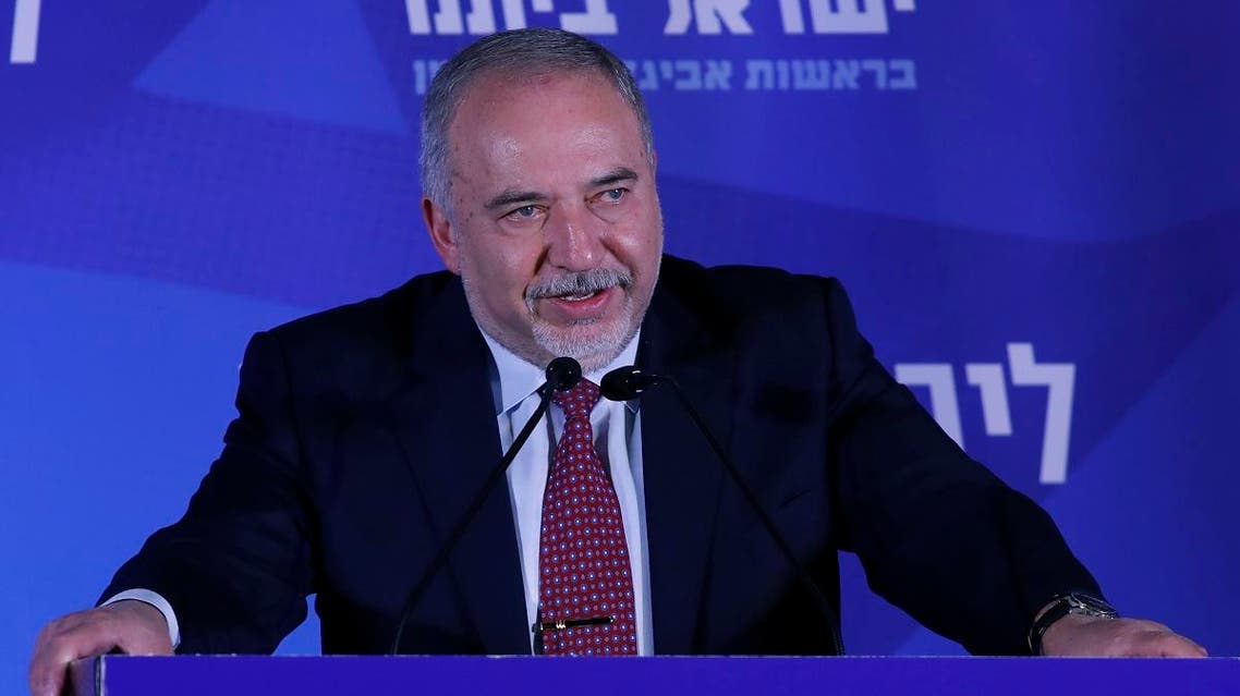 Avigdor Lieberman, leader of the Israeli secular nationalist Yisrael Beiteinu party, gives an address at the party's electoral headquarters in Jerusalem late on September 17, 2019. (AFP)