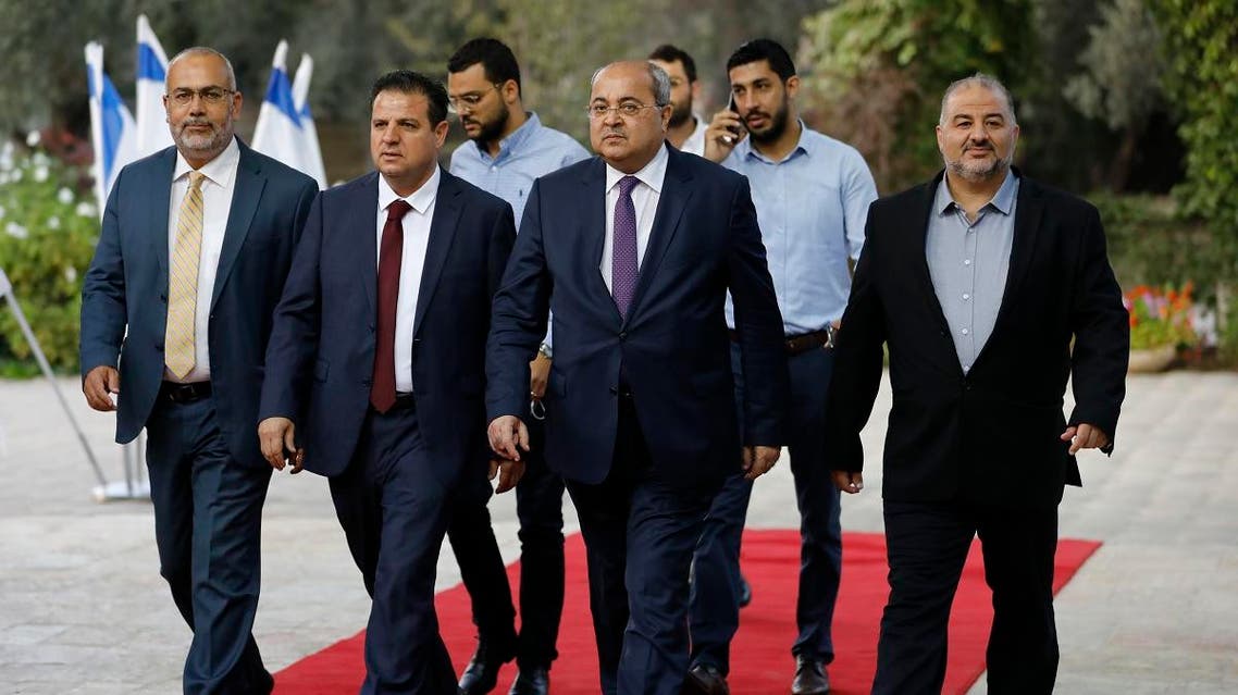 (L to R) Members of the mainly Arab Joint List alliance Osama Saadi, Ayman Odeh, Ahmad Tibi and Mansour Abbas arrive for a consulting meeting with the Israeli President, Jerusalem September 22, 2019. (AFP)
