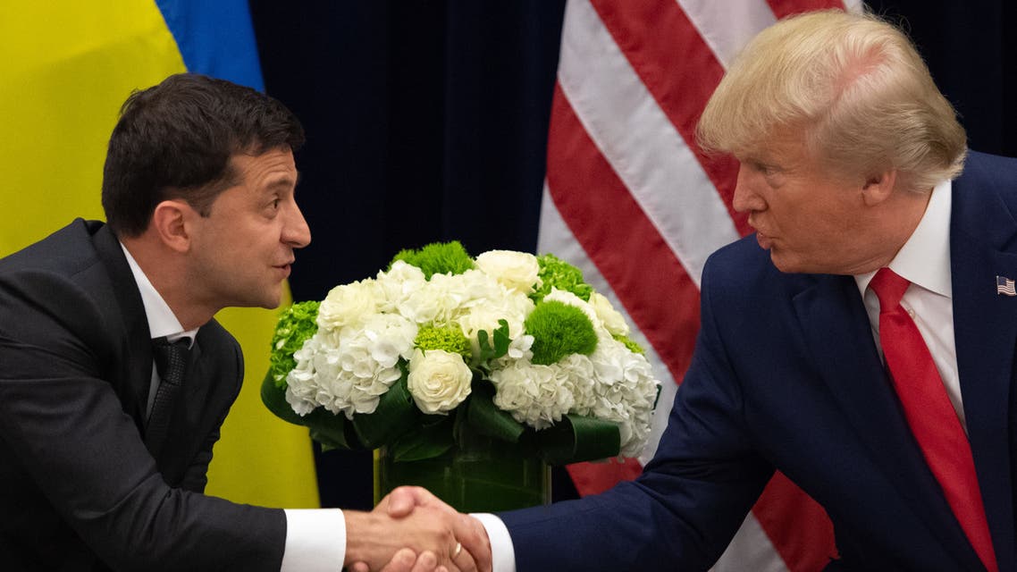 US President Donald Trump and Ukrainian President Volodymyr Zelensky shake hands during a meeting in New York on September 25, 2019, on the sidelines of the United Nations General Assembly.