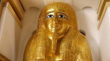 The Gold Coffin of Nedjemankh is displayed during a news conference to announce its return to the  people of Egypt in New York City, US, September 25, 2019. REUTERS
