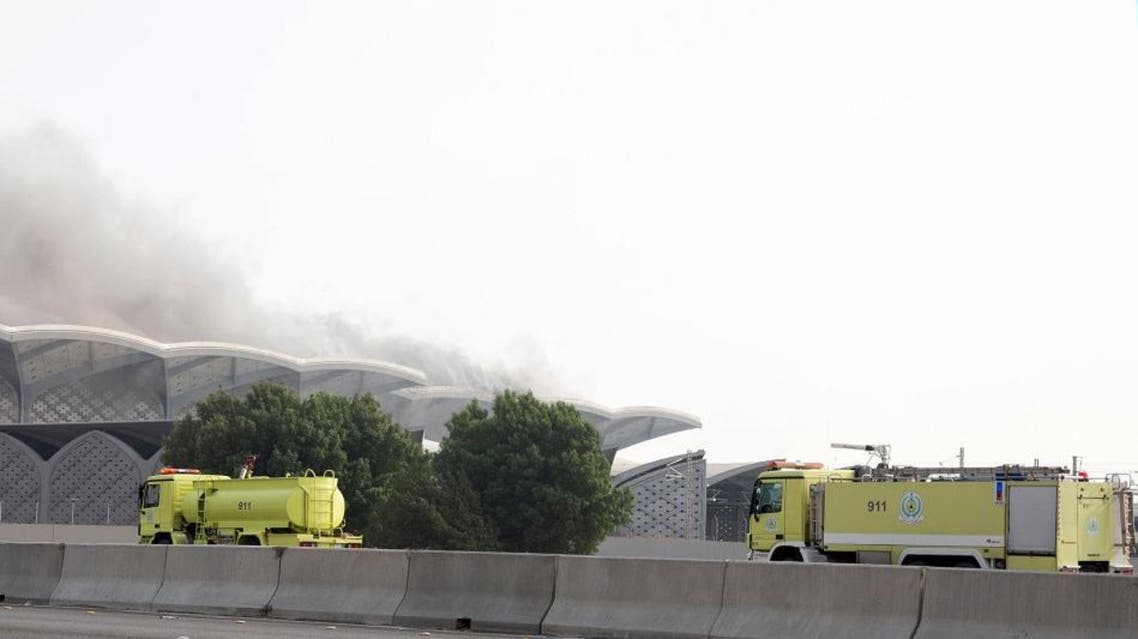 Saudi civil defence vehicles approach the Haramain high-speed train station in Jeddah after a fire erupted in the newly open station in the Kingdom's western city on September 29, 2019. (AFP)