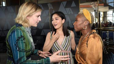 Actor-director Greta Gerwig, left, chats with actors Contance Wu and Cynthia Erivo at the Academy of Motion Picture Arts and Sciences Women's Initiative New York luncheon. (AP)