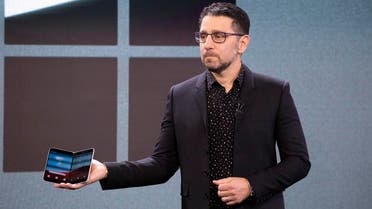 Microsoft's Chief Product Officer Panos Panay holds a Surface Duo at an event, Wednesday, Oct. 2, 2019 in New York. (AP)