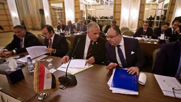 Egyptian Water Resources Minister Mohamed Abdel Aati (2nd R) participates with a delegation in the "Renaissance Dam" trilateral negotiations with his Sudanese and Ethiopian counterparts (unseen) in the Sudanese capital Khartoum on October 4, 2019. (AFP)