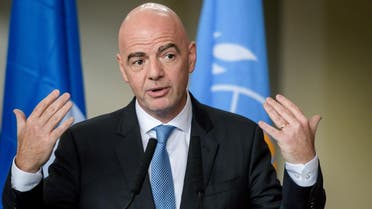 FIFA president Gianni Infantino gestures as he speaks during the signing of the memorandum of understanding with World Health Organization (WHO) aimed at promoting and protecting public health globally through football, on October 4, 2019 in Geneva. (AFP)