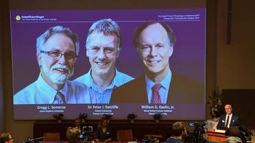 Nobel Assembly member, Randall Johnson (R), speaks to announce the winners of the 2019 Nobel Prize in Physiology or Medicine (L-R) Gregg Semenza of the US, Peter Ratcliffe of Britain and William Kaelin of the US, seen on a screen during a press conference at the Karolinska Institute in Stockholm, Sweden, on October 7, 2019. (AFP)