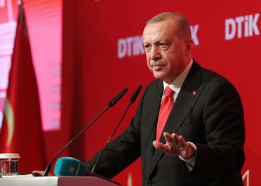 Turkey's President Recep Tayyip Erdogan addresses the World Turkish Business Council meeting, in Baku, Azerbaijan, Monday. Oct. 14, 2019. (AP)