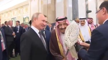 Russian President Putin gifts King Salman a falcon (screengrab)