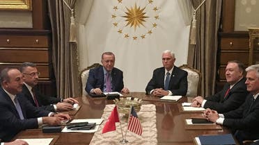 Turkish President Recep Tayyip Erdogan (C-L) and US Vice President Mike Pence (C-R), joined by Secretary of State Mike Pompeo (4R), at the presidential complex in Ankara, Turkey, on October 17, 2019. (AFP)
