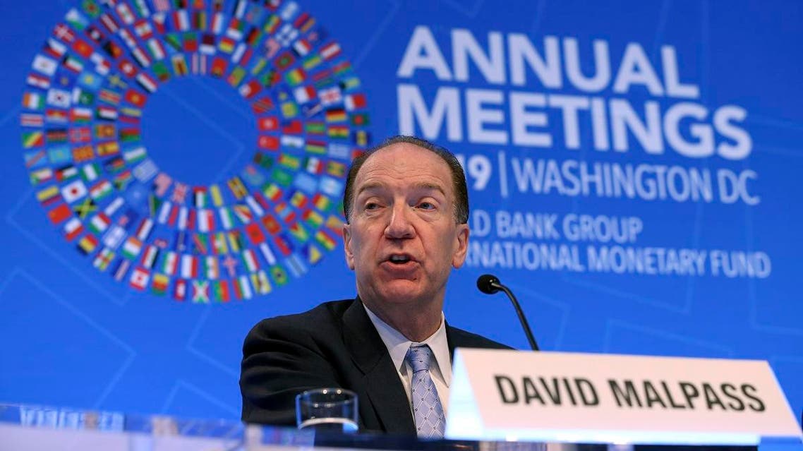 World Bank President David Malpass speaks during a news conference at the World Bank/IMF Annual Meetings in Washington, on October 17, 2019. (AP)