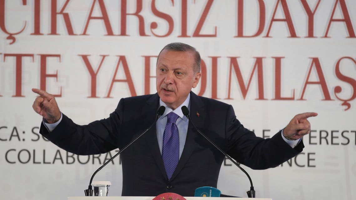 Turkish President Recep Tayyip Erdogan addresses an African Muslim Religious Leaders Summit, in Istanbul, Saturday, Oct. 19, 2019. (AP)