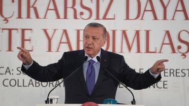 Turkish President Recep Tayyip Erdogan addresses an African Muslim Religious Leaders Summit, in Istanbul, Saturday, Oct. 19, 2019. (AP)