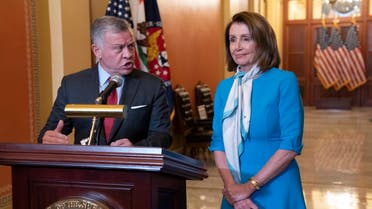 Speaker of the House Nancy Pelosi meets with King Abdullah II of Jordan make a statement to reporters before discussions on Middle East peace, at the Capitol in Washington, Wednesday, March 13, 2019. (AP)