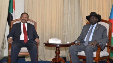 Sudan's prime minister Abdalla Hamdok (L) and South Sudan's President Salva Kiir Mayardit meet on September 12, 2019 in the capital city of Juba, South Sudan. (AFP)