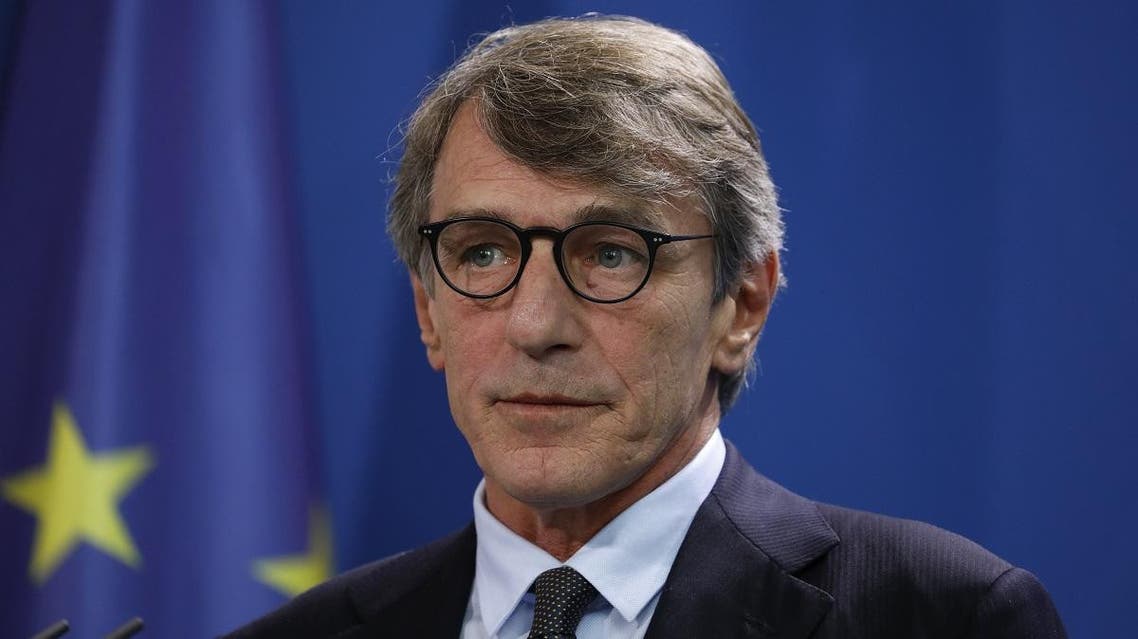 European Parliament President David Sassoli looks on during a joint conference with the German Chancellor (unseen) in Berlin on October 8, 2019. (AFP)